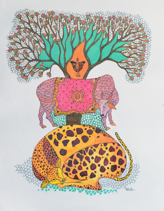 "Circle Of Life"(I-1) Indian Folk /Gond Fusion Modern Art (ART-15639-114802) - Handpainted Art Painting - 14in X 18in