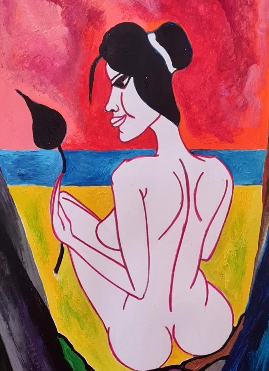Cave Girl (ART-17426-114751) - Handpainted Art Painting - 13in X 17in