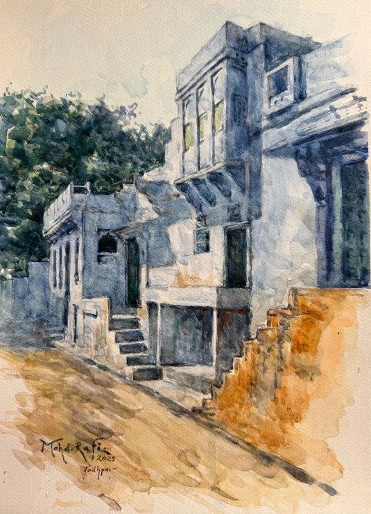 Silent Street Of Blue City - Jodhpur (ART-15644-114780) - Handpainted Art Painting - 12in X 16in