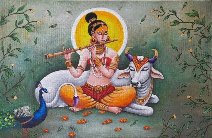 Melodies Of Vrindavan (ART-8857-114760) - Handpainted Art Painting - 17in X 11in