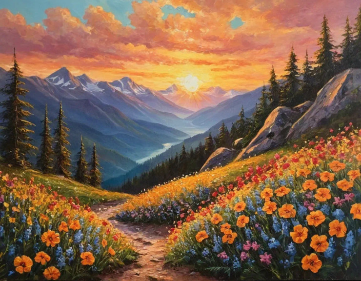Heaven View Sunrise Mountains With Flowers All Around In Forest (ART-3319-114828) - Handpainted Art Painting - 48in X 30in