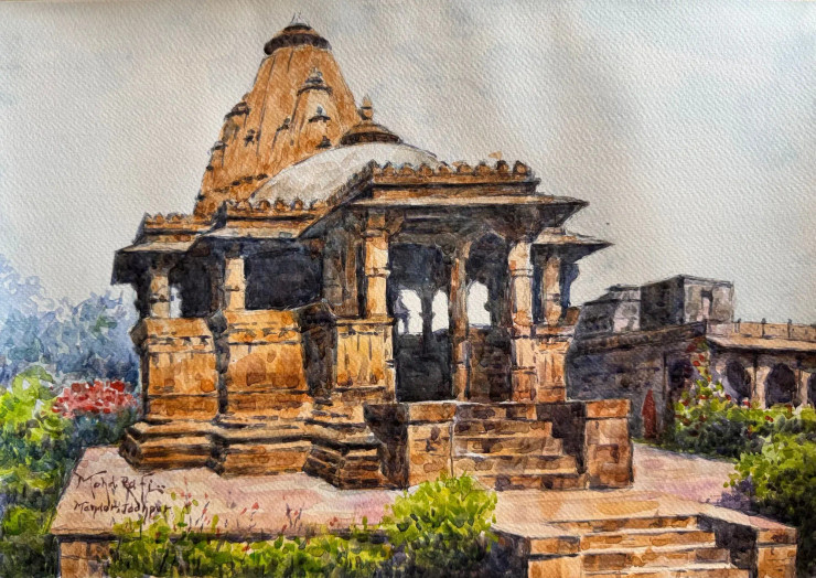 Chhatri Of Mandor – Jodhpur’s Royal Remembrance” (ART-15644-114743) - Handpainted Art Painting - 16in X 12in