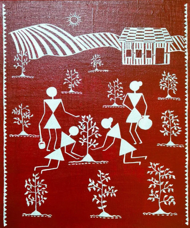 Tree Plantation - Warli Painting (PRT-16489-114729) - Canvas Art Print - 15in X 18in