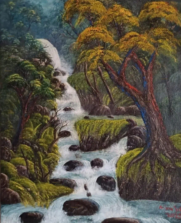 “Whispering Waterf (ART-8067-114917) - Handpainted Art Painting - 16in X 20in