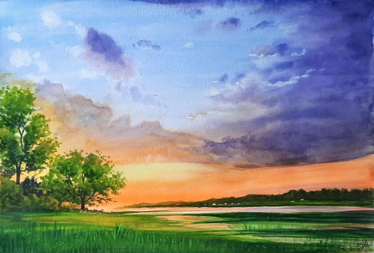 Colourful Sunset At Lakefront (ART-17304-114740) - Handpainted Art Painting - 16in X 11in