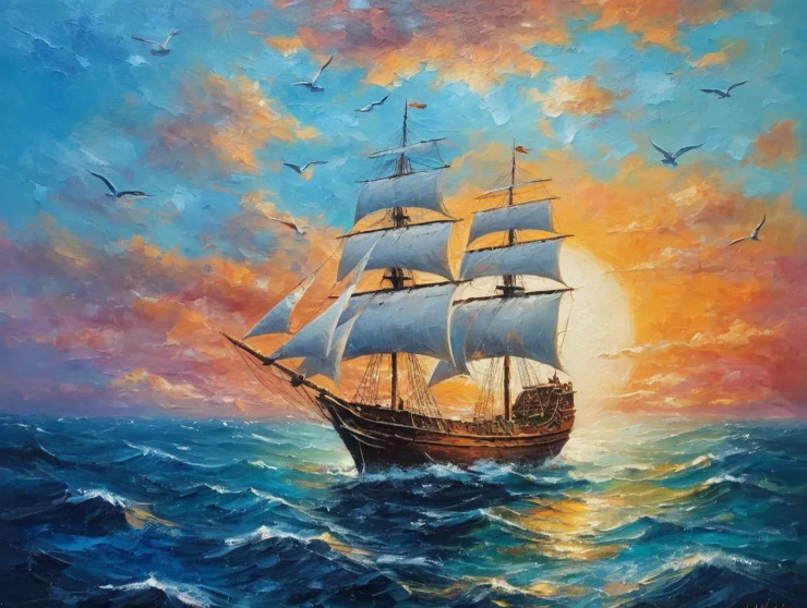 Heaven View Seascape Ship In A Ocean (ART-3319-114941) - Handpainted Art Painting - 36in X 30in