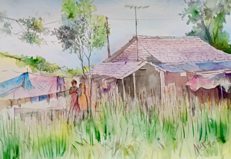 Rural India (ART-17504-114840) - Handpainted Art Painting - 12in X 17in