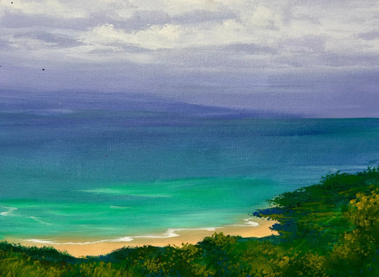 Tranquil Horizon Over The Emerald Sea (ART-16470-114929) - Handpainted Art Painting - 20in X 14in