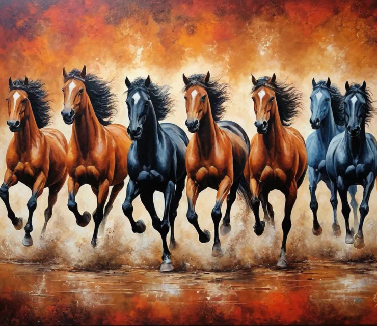 7 RUNNING HORSES AS PER VASTU (ART-3319-114946) - Handpainted Art Painting - 36in X 30in