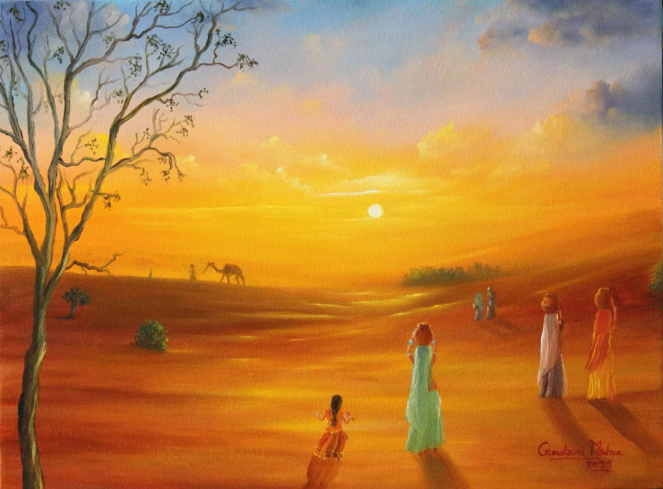 Rajasthan – Where Sand Meets Soul (ART-976-114870) - Handpainted Art Painting - 24in X 18in