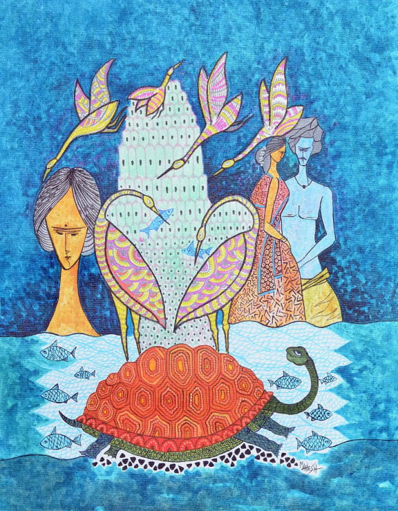 "Circle Of Life" (I-3) Indian Folk /Gond Fusion Art (ART-15639-114891) - Handpainted Art Painting - 14in X 18in