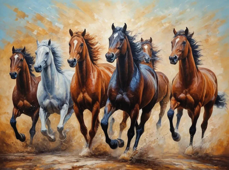 Good Luck Running Horses Painting (ART-3319-114945) - Handpainted Art Painting - 36in X 24in