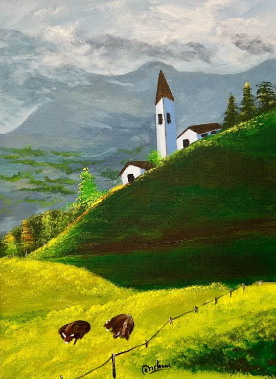 Peaceful Alpine Haven (ART-16470-114956) - Handpainted Art Painting - 14in X 20in