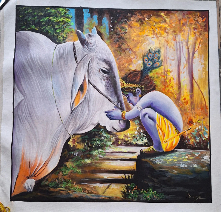 Krishna Playing With Cow Painting (ART-7555-114682) - Handpainted Art Painting - 36in X 36in
