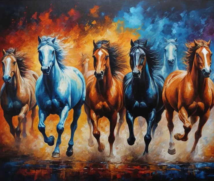 7 RUNNING HORSES AS PER VASTU (ART-3319-115081) - Handpainted Art Painting - 36in X 30in