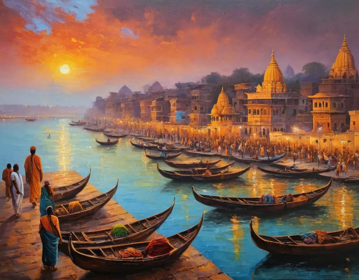Banaras Ghat Painting (ART-3319-115038) - Handpainted Art Painting - 40in X 30in