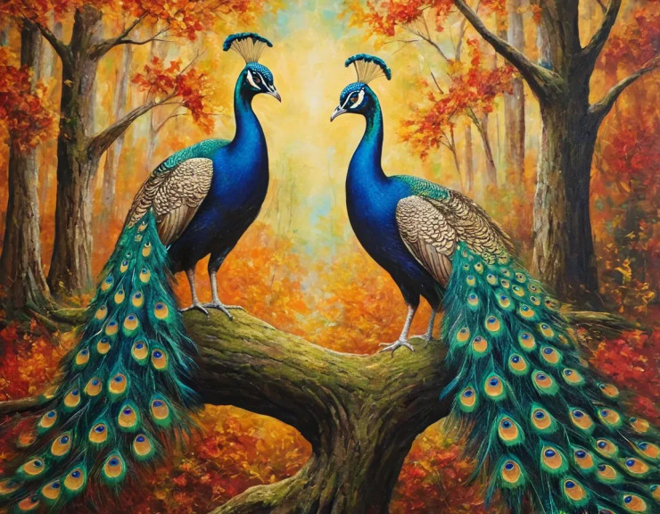 Pair Of Peacocks Painting (ART-3319-115031) - Handpainted Art Painting - 36in X 24in