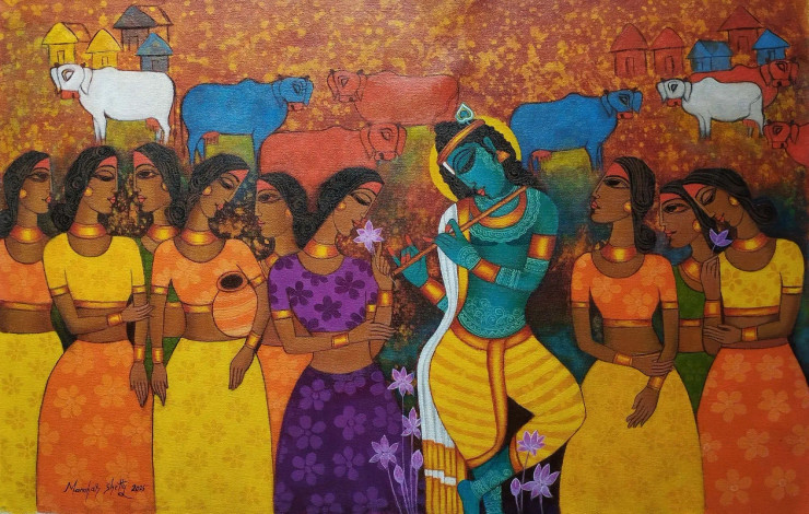 Krishna And Gopikas (ART-15556-115033) - Handpainted Art Painting - 36in X 24in