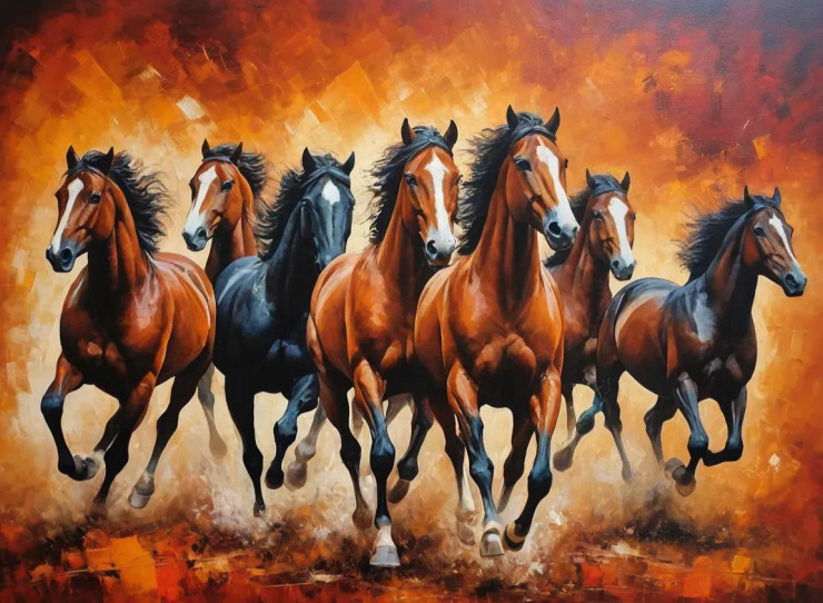 7 RUNNING HORSES AS PER VASTU (ART-3319-115029) - Handpainted Art Painting - 48in X 30in