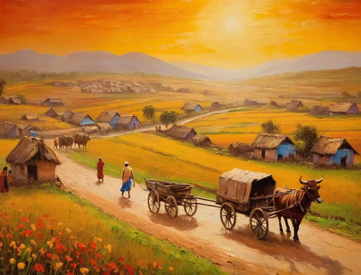 Heaven View Of A Village Landscape (ART-3319-115091) - Handpainted Art Painting - 36in X 30in