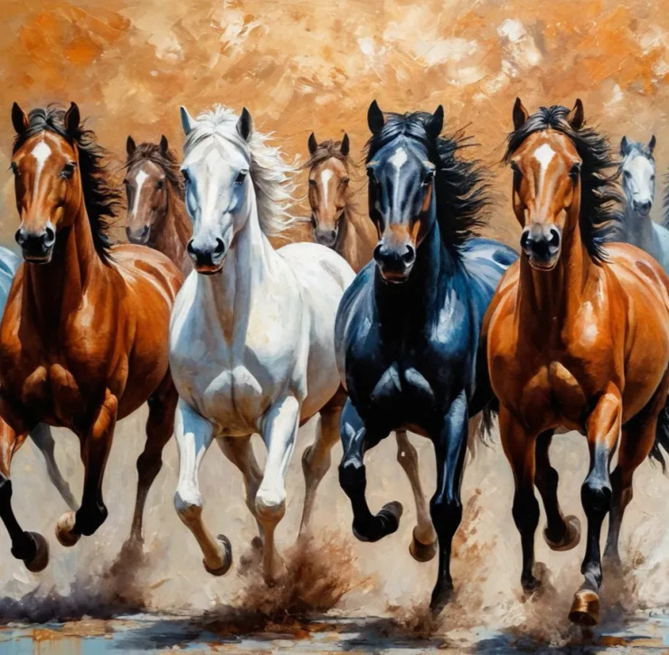 7 RUNNING HORSES AS PER VASTU (ART-3319-115028) - Handpainted Art Painting - 36in X 36in