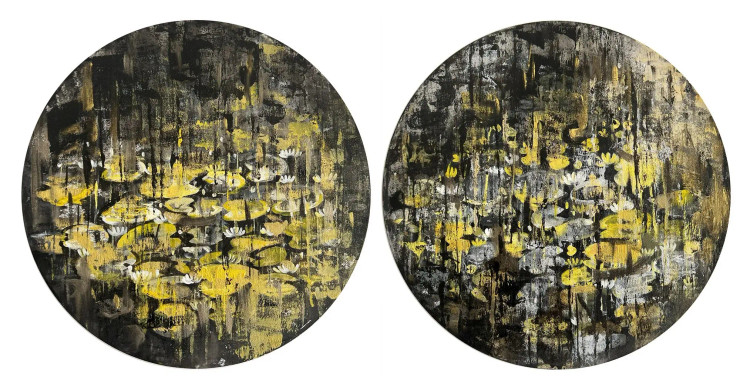 Circular Lily Ponds (ART-16405-115049) - Handpainted Art Painting - 40in X 20in