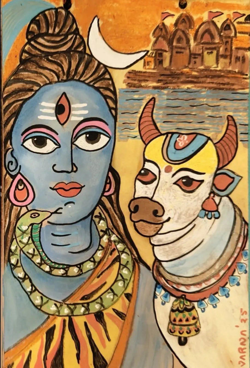 Shiva And Nandi In Benaras (PRT-8079-115173) - Canvas Art Print - 12in X 18in