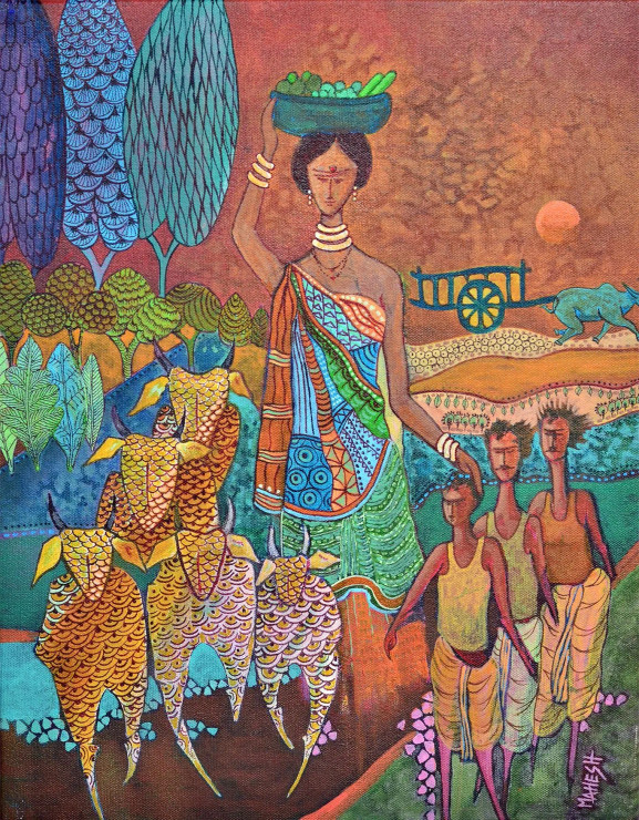 Indian Village Harmony (F3) Folk Fusion Art (ART-15639-115148) - Handpainted Art Painting - 14in X 18in