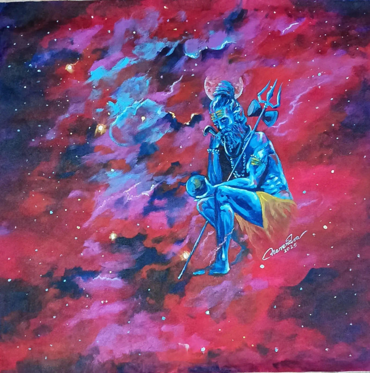 Shiva In Thought – A Cosmic Reflection (ART-3674-115194) - Handpainted Art Painting - 24in X 24in