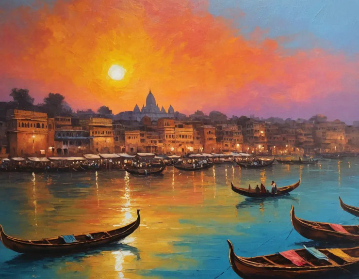 Varanasi Ghat Painting (ART-3319-115324) - Handpainted Art Painting - 40in X 30in