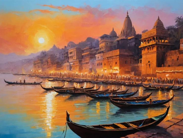 Varanasi Ghat Painting (ART-3319-115323) - Handpainted Art Painting - 48in X 36in