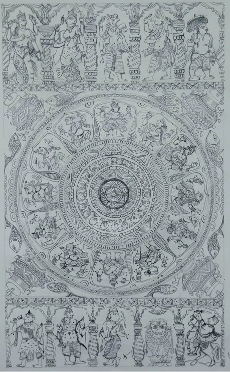 Charcoal Sketching  - Puri Jagannath - Krishana - Dhasavatharam (PRT-15701-115267) - Canvas Art Print - 15in X 24in