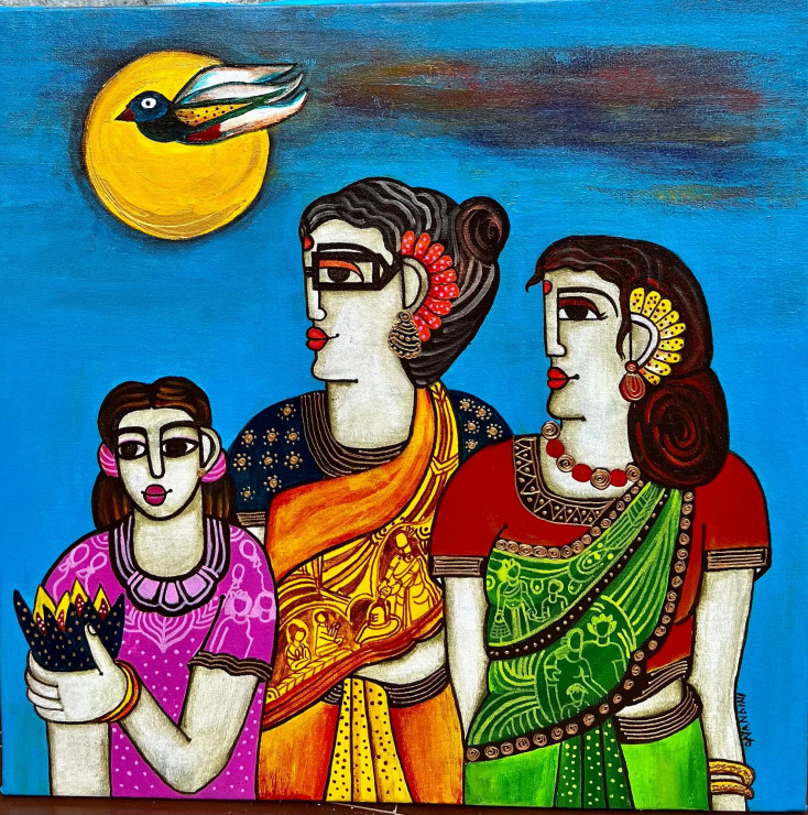 Three Generation Together (ART-5103-115343) - Handpainted Art Painting - 24in X 24in