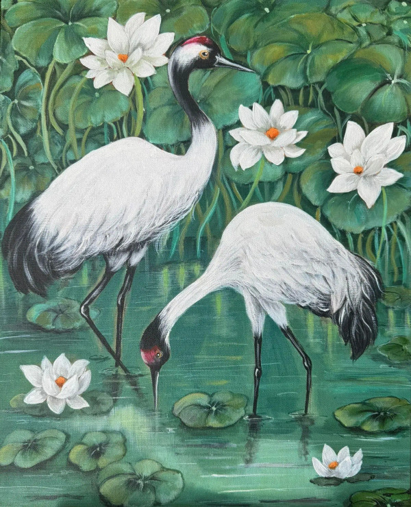 Mystical Youth Of Crane Birds (ART-17613-115372) - Handpainted Art Painting - 16in X 20in