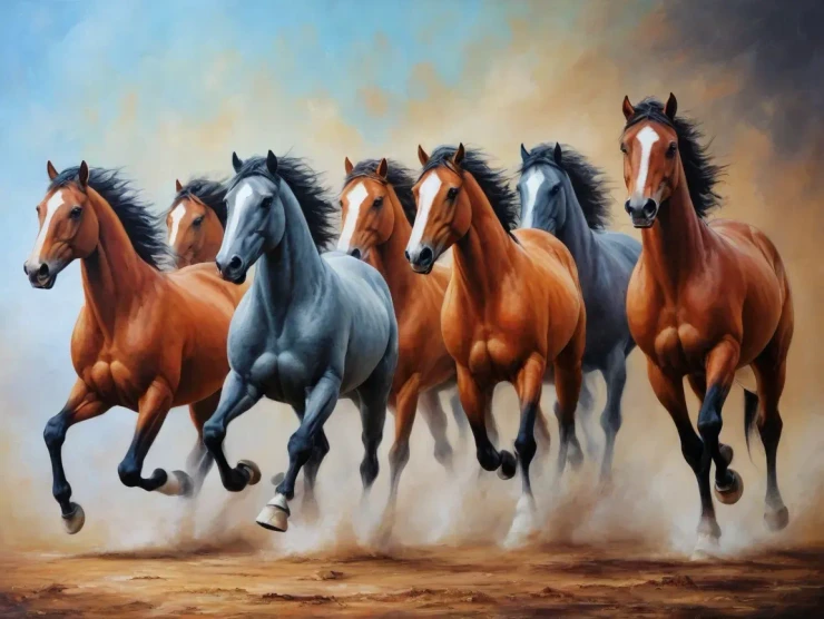 7 Running Horses Painting Vastu (ART-3319-115308) - Handpainted Art Painting - 36in X 24in