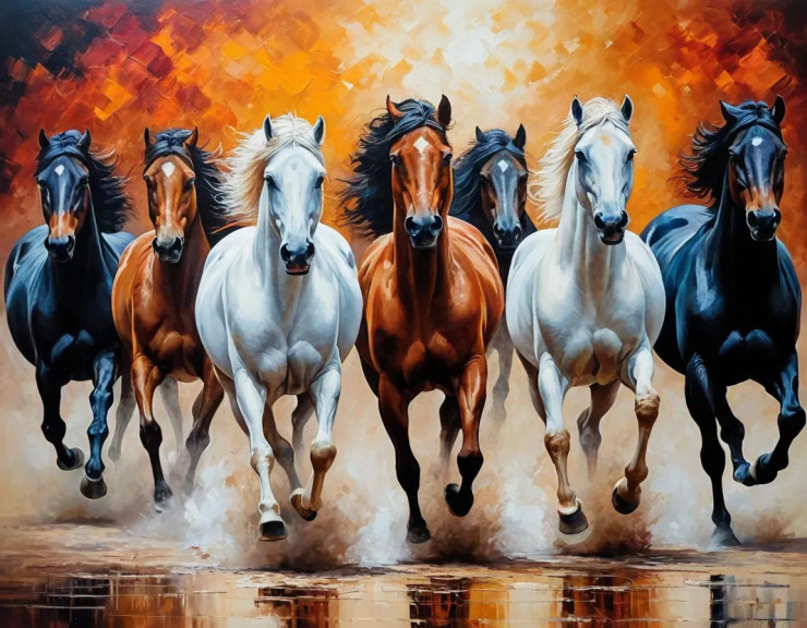 7 RUNNING HORSES AS PER VASTU (ART-3319-115275) - Handpainted Art Painting - 36in X 24in