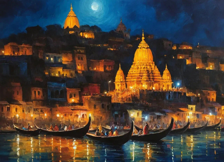 Banaras Ghat Painting (ART-3319-115280) - Handpainted Art Painting - 48in X 36in