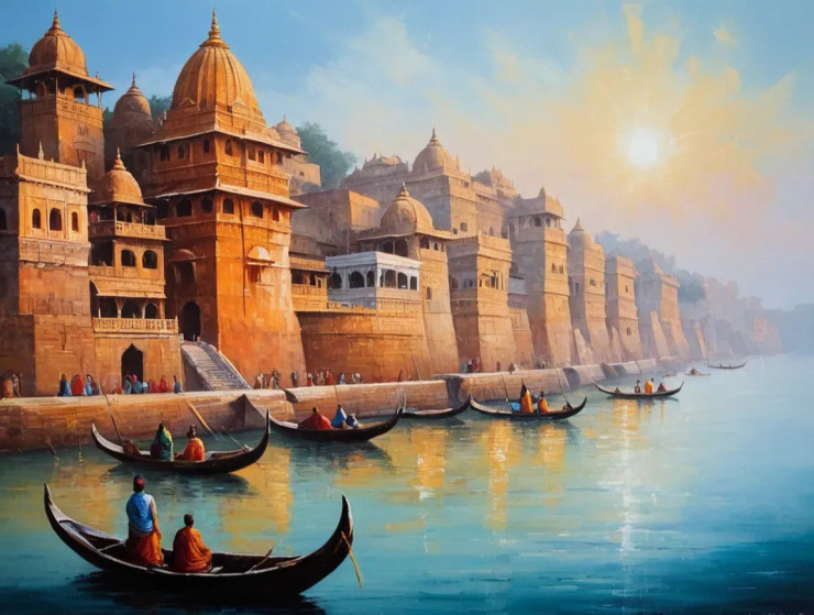 Banaras Ghat Painting (ART-3319-115470) - Handpainted Art Painting - 40in X 30in