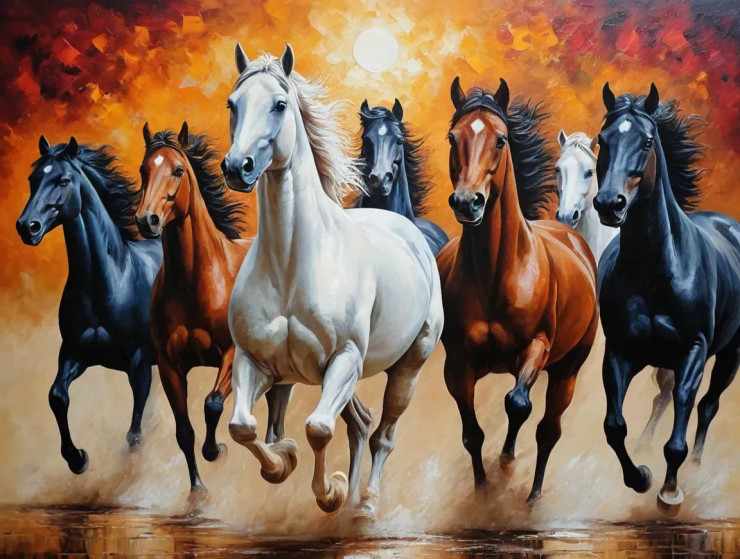 7 Running Horses Painting Vastu (ART-3319-115522) - Handpainted Art Painting - 40in X 30in