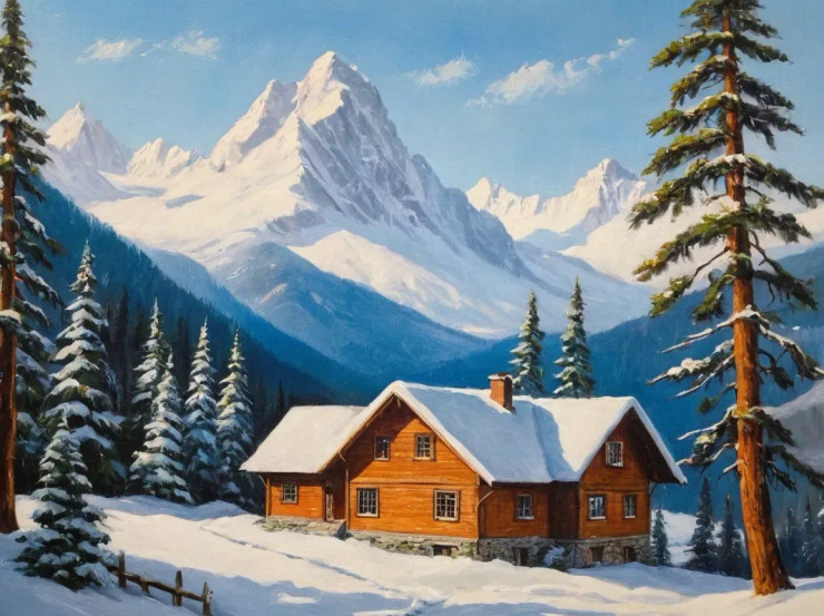 Snowy Paradise Mountains Landscape Scenery Painting (ART-3319-115523) - Handpainted Art Painting - 36in X 24in