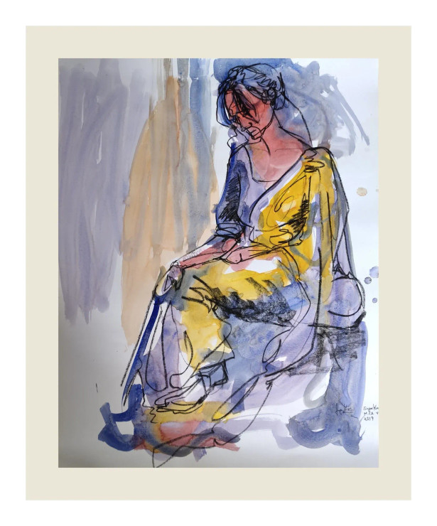 The Woman In Saree (ART-17597-115388) - Handpainted Art Painting - 22in X 28in