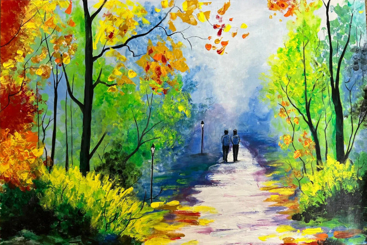 A Peaceful Walk With Mind Full Thoughts (ART-17638-115556) - Handpainted Art Painting - 20in X 14in