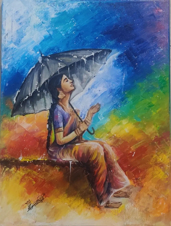 "Rain-Kissed Serenity" (ART-17639-115559) - Handpainted Art Painting - 12in X 16in