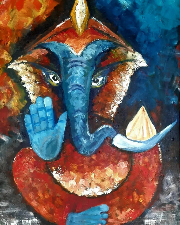 GANESHA (ART-8405-115596) - Handpainted Art Painting - 20in X 30in