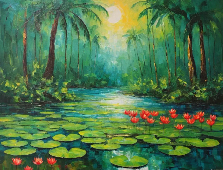 Dense Forest With Lotus In Pond (ART-3319-115598) - Handpainted Art Painting - 36in X 30in