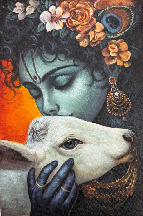 Krishna With Cow Oil Painting By Keshvaa (ART-17615-115659) - Handpainted Art Painting - 12in X 18in