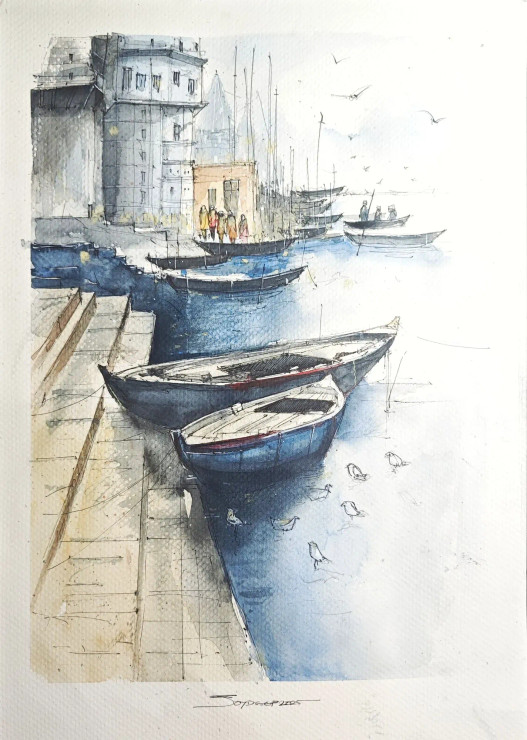 Ghat Ki Subah (ART-8658-115638) - Handpainted Art Painting - 11in X 17in