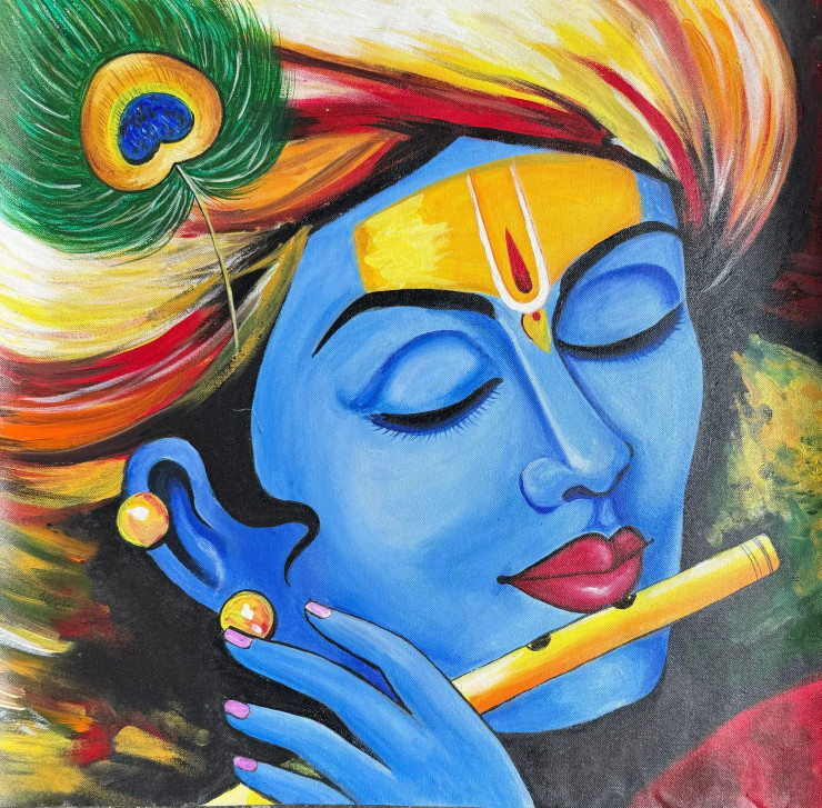 Divine: The Flute Bearer's Grace - Lord Krishna (ART-17638-115672) - Handpainted Art Painting - 21in X 21in