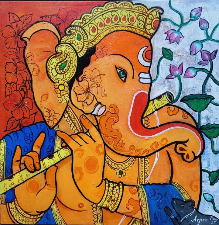 GANESHA PLAYING THE FLUTE (ART-82-115777) - Handpainted Art Painting - 24in X 24in