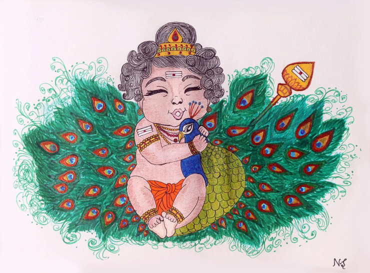 Little Murugan With His Peacock Handmade Drawing (PRT-17633-115534) - Canvas Art Print - 42in X 31in
